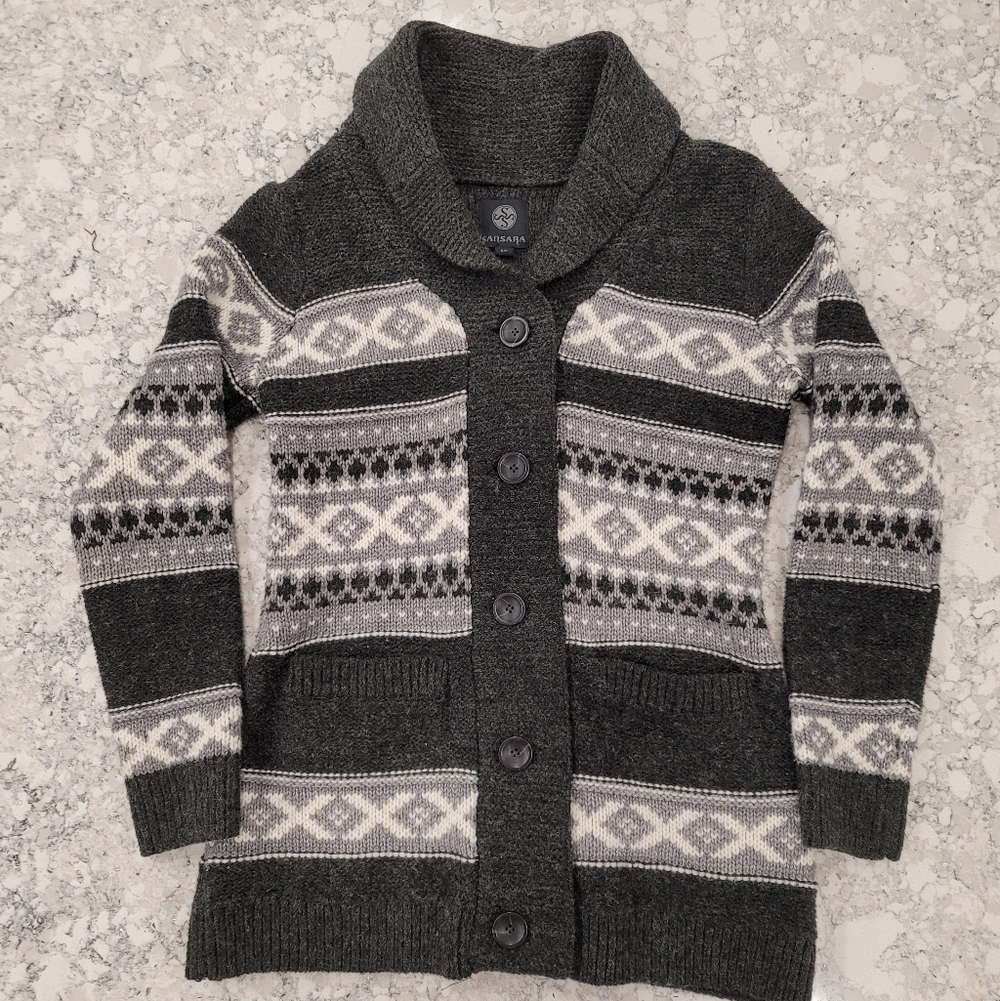 Sansara Wool Blend Fair Isle Nordic Shawl Collar Knit Cardigan Sweater Small